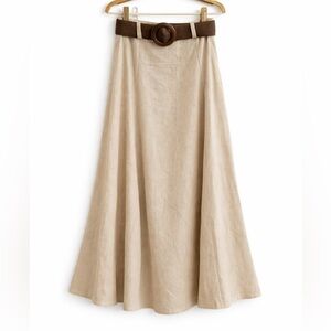 Beige A-Line Maxi Skirt with Brown Belt